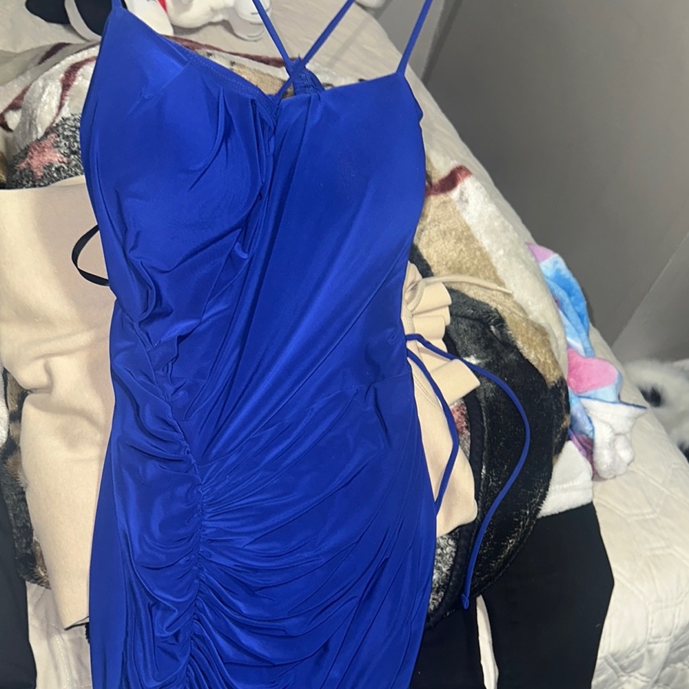 Windsor Blue Ruched Spaghetti Strap Bodycon Dress